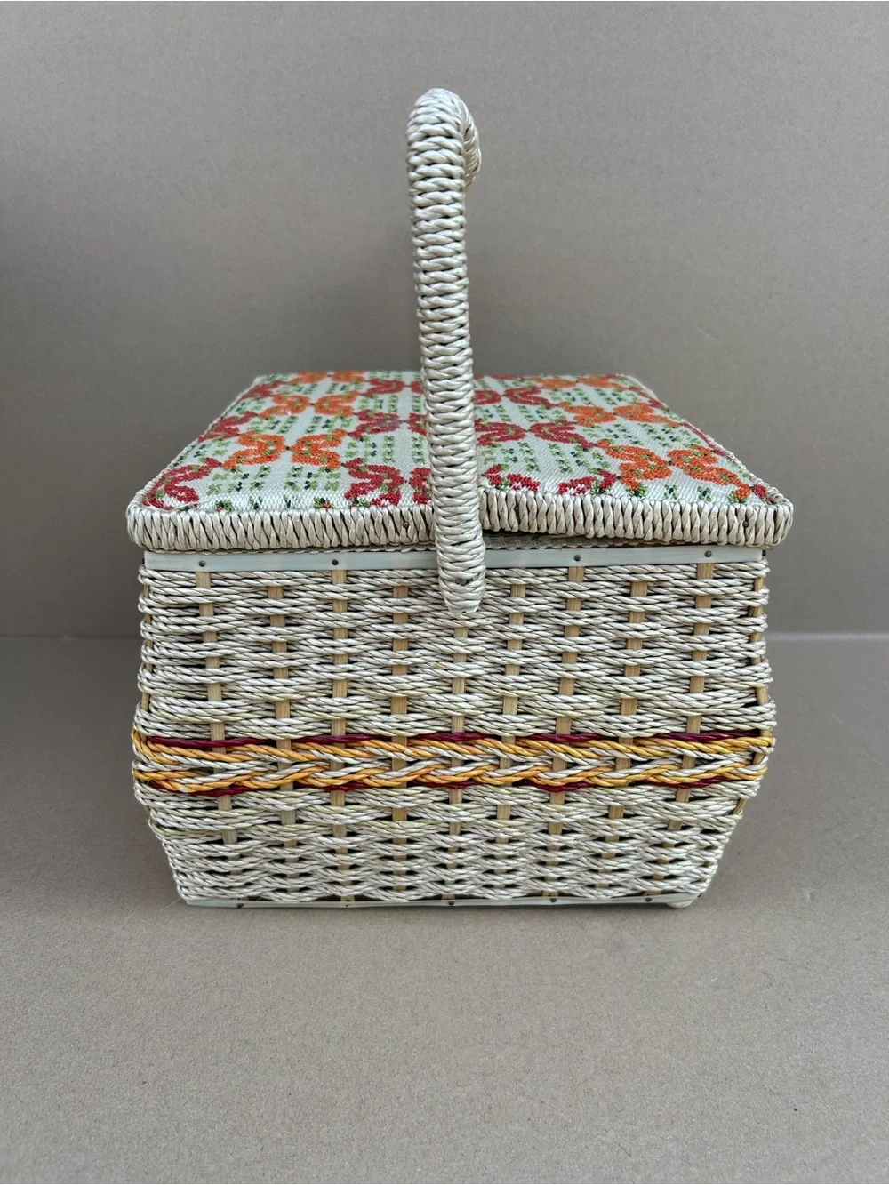 Vintage Wicker Sewing Basket Embroidered Needlepoint Lid Storage Box 70s Handle